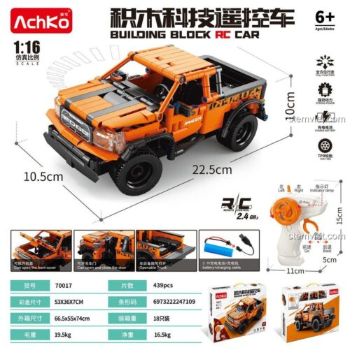 Hộp và kích thước chi tiết của bộ lắp ráp xe bán tải điều khiển từ xa AchKo 70017, tỉ lệ 1:16.