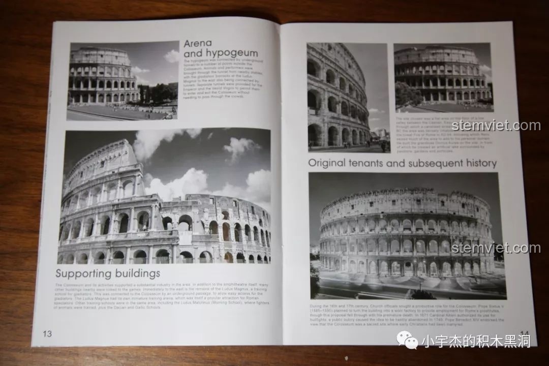 Các hình ảnh đen trắng về Đấu trường Colosseum thật trong sách hướng dẫn WANGE 5225, so sánh với mô hình.