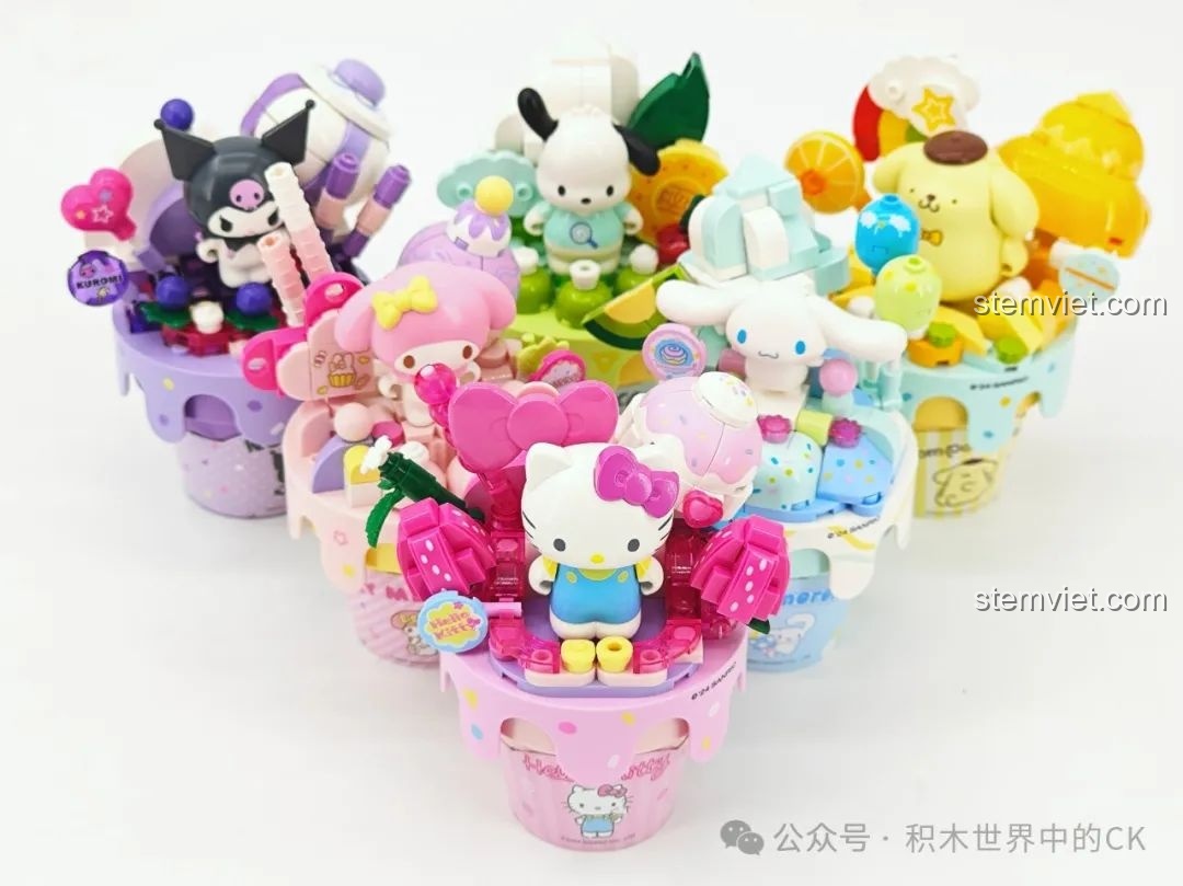 Ảnh chụp nhóm 6 mô hình Keeppley Sanrio Kem Ốc Quế đã hoàn thành, sắp xếp thành cụm, khoe trọn vẻ đáng yêu.