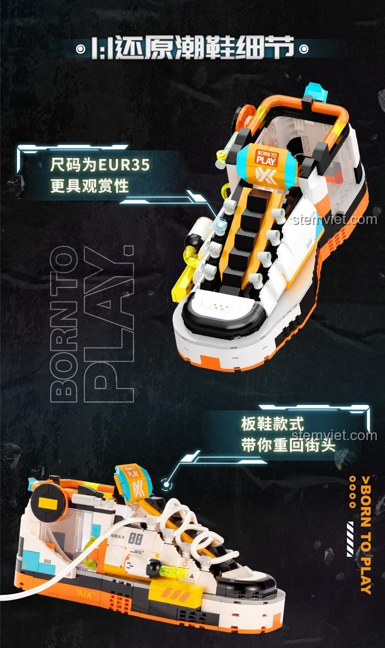 Chi tiết các tính năng của Mô hình Giày Sneaker AX 0030, bao gồm kích thước tương đương giày EUR 35 và kiểu dáng giày trượt ván.