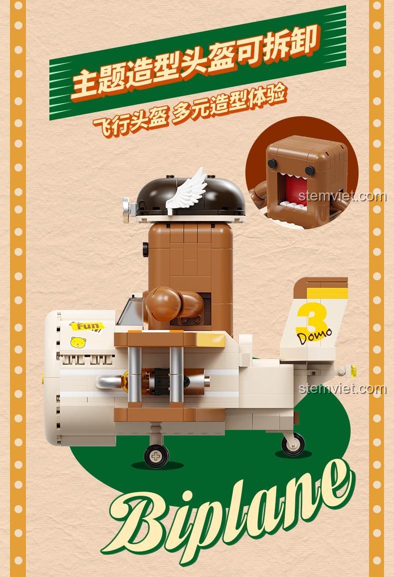 Poster quảng cáo cho đồ chơi lắp ghép Máy bay hai tầng cánh Domo-kun AREA-X, thể hiện sự vui nhộn và hấp dẫn của sản phẩm.