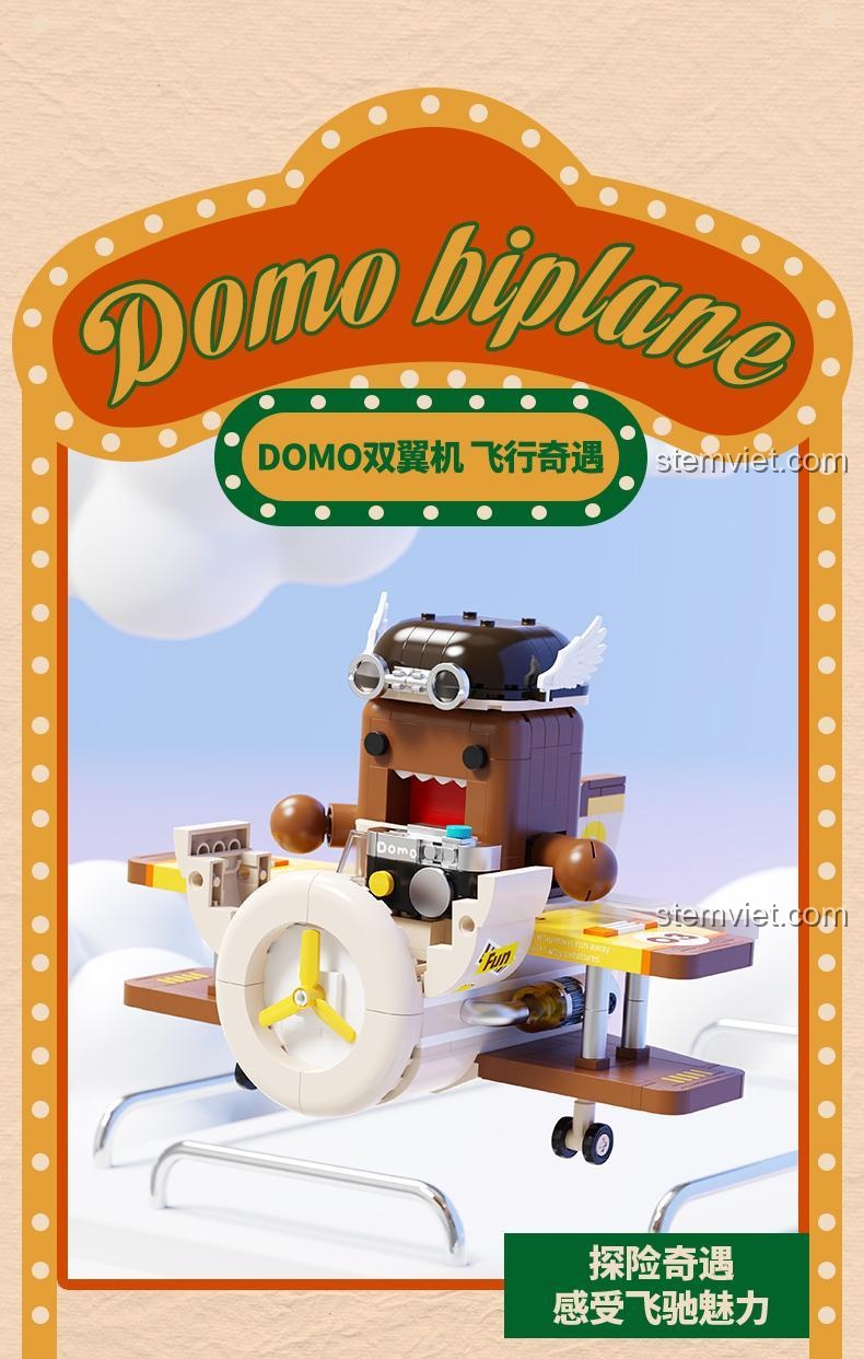 Tổng quan các tính năng của bộ lắp ráp Mô hình Domo-kun lái máy bay AB 003: máy ảnh ẩn và cánh quạt xoay.