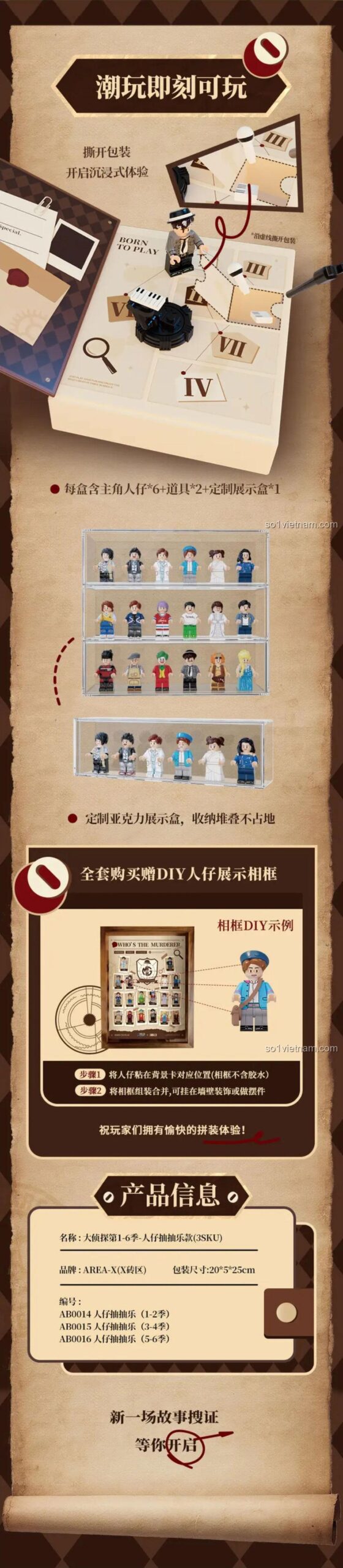 Chi tiết các nhân vật minifigure Đại Thám Tử mùa 3-4 AREA-X AB0015, đồ chơi mô hình AREA-X, túi mù AB0015, đồ chơi bất ngờ Nhân vật Đại Thám Tử, minifigure AB0015, bộ đồ chơi Minifigure Who's The Murderer.