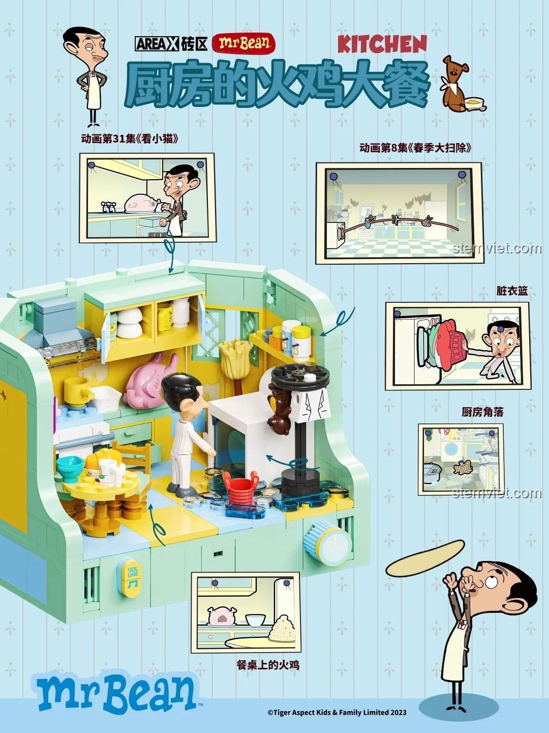 Chi tiết bộ lắp ghép Mr. Bean và bữa tiệc gà tây AREA-X 0038, tái hiện cảnh phim hoạt hình kinh điển.