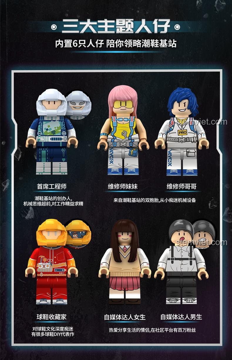 Giới thiệu 6 minifigure độc quyền trong bộ AREA-X AX0030 Giày Sneaker: kỹ sư, thợ sửa chữa, nhà sưu tập và influencer.