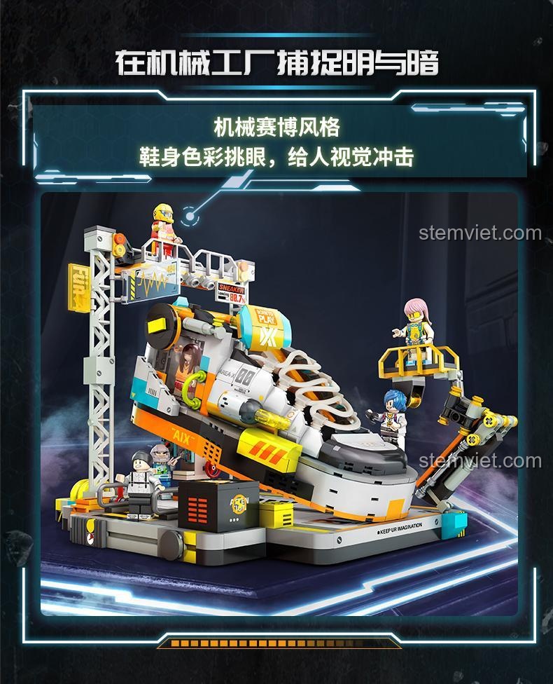 Mô hình Nhà máy giày thể thao AREA-X với phong cách Cyberpunk cơ khí, tạo ấn tượng thị giác mạnh mẽ.