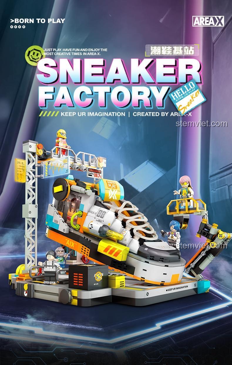 Poster quảng cáo bộ xếp hình AX0030 Trạm Cơ Sở Giày Sneaker, với dòng chữ HELLO SNEAKER và KEEP UR IMAGINATION.