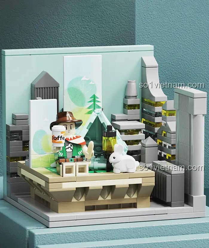 Mô hình Cắm trại Thành phố AREA-X AX0081 với minifigure và thỏ trắng, Cắm trại Đô thị AREA-X cho bé 6 tuổi.