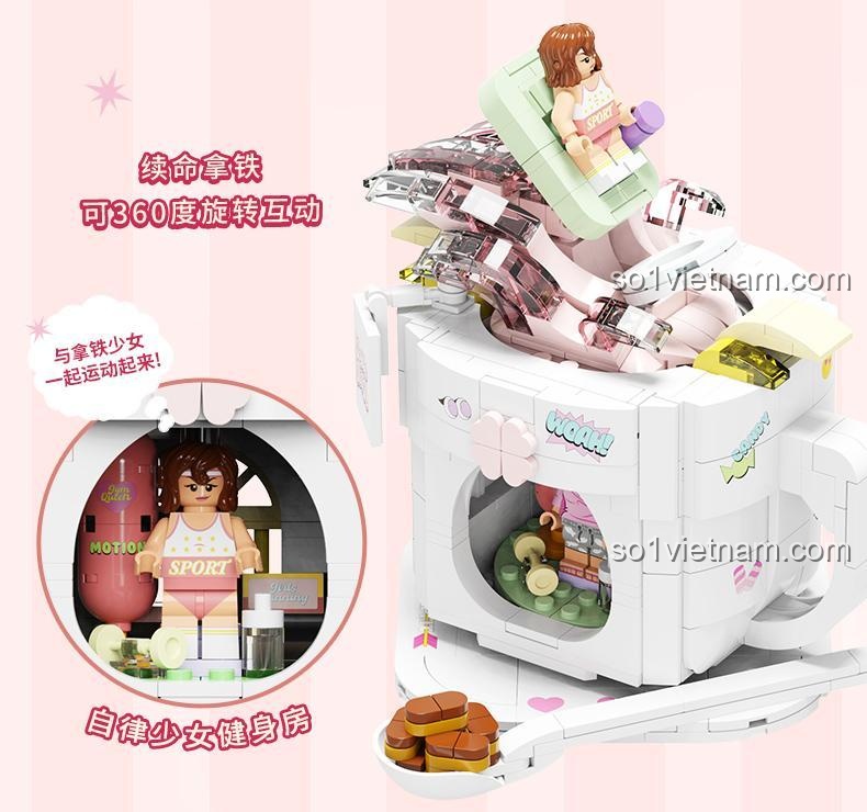 Mô hình cốc cà phê Latte Hồi Sức AREA-X AX0302 xoay 360 độ tương tác, cô gái tập gym năng động, đồ chơi lắp ghép sáng tạo cho bé gái, giá tốt