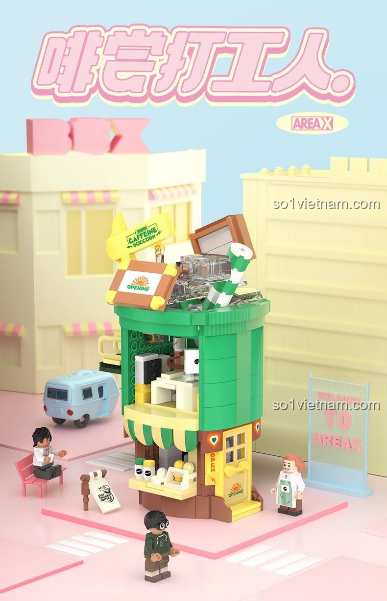 Cửa hàng cà phê AREA-X AX0303 trong cảnh phố, bộ lắp ghép Cửa hàng cà phê, đồ chơi mô hình cho bé trai bé gái 6 tuổi