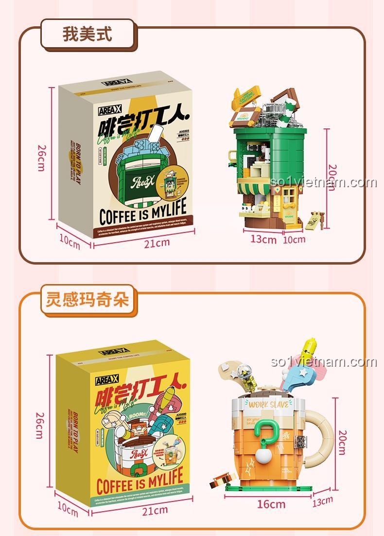 Kích thước mô hình Cửa hàng cà phê AREA-X AX0303, bộ lắp ghép Cửa hàng cà phê AREA-X, đồ chơi mô hình giá rẻ cho bé 6 tuổi