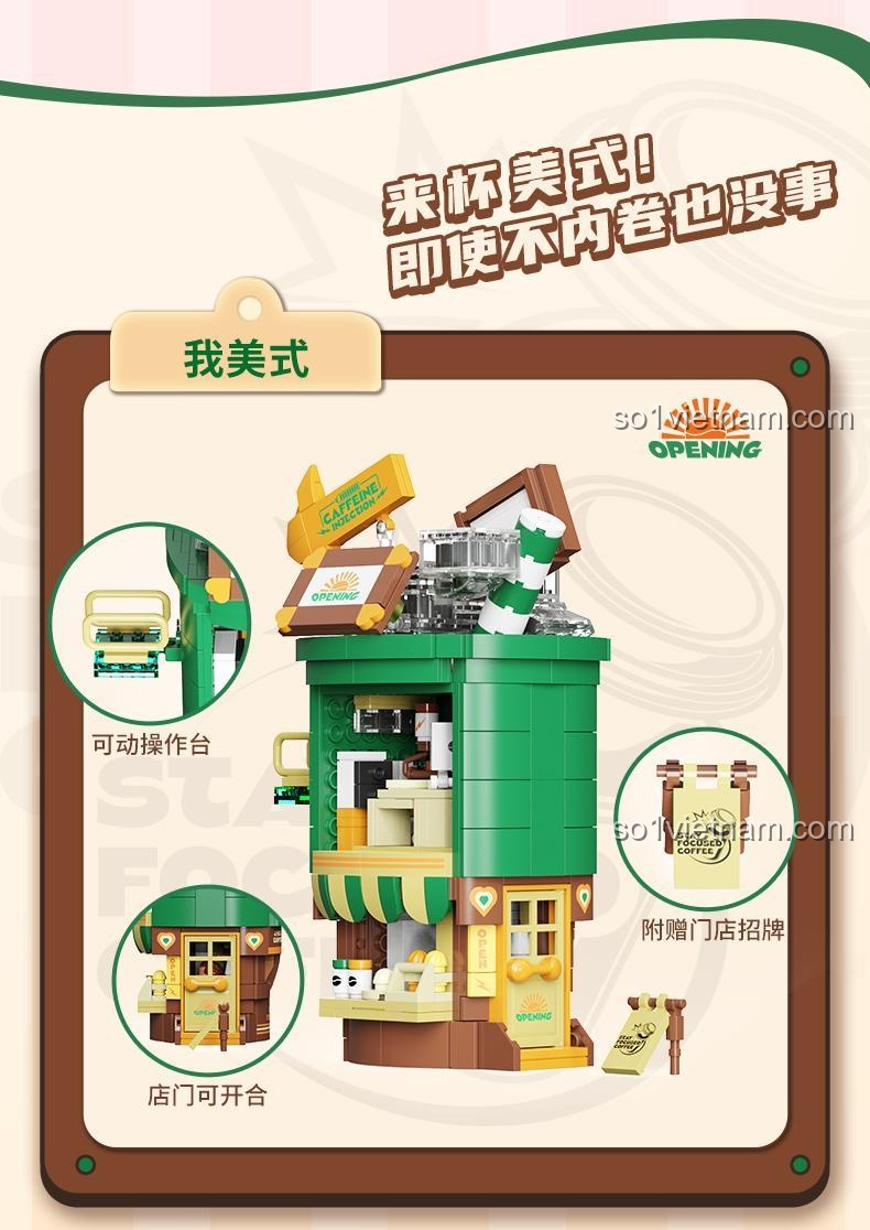 Tính năng cửa mở, quầy di chuyển của Mô hình quán cà phê AX0303, đồ chơi mô hình Quán cà phê mini, giá tốt cho bé 6 tuổi
