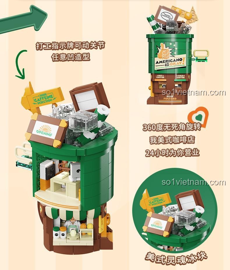 Mô hình xoay 360 độ của Quán cà phê mini AX 0303, bộ xếp hình Mô hình Coffee is Mylife, đồ chơi sáng tạo cho bé 6 tuổi