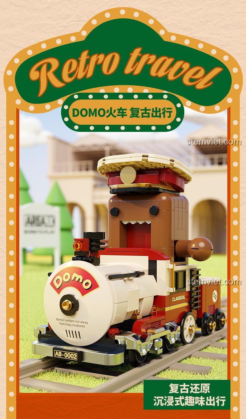 Chủ đề du lịch cổ điển của bộ lắp ráp Tàu Hỏa Hơi Nước Domo-kun, món đồ chơi giáo dục cho bé trai.