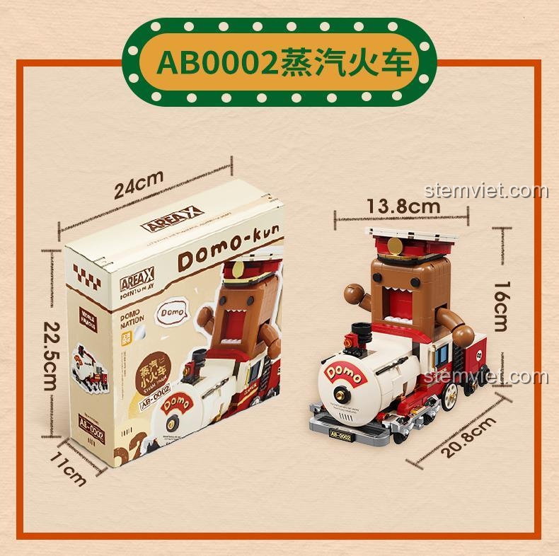 Kích thước chi tiết của hộp và mô hình Tàu Hỏa Hơi Nước Domo-kun AREA-X AB-002.