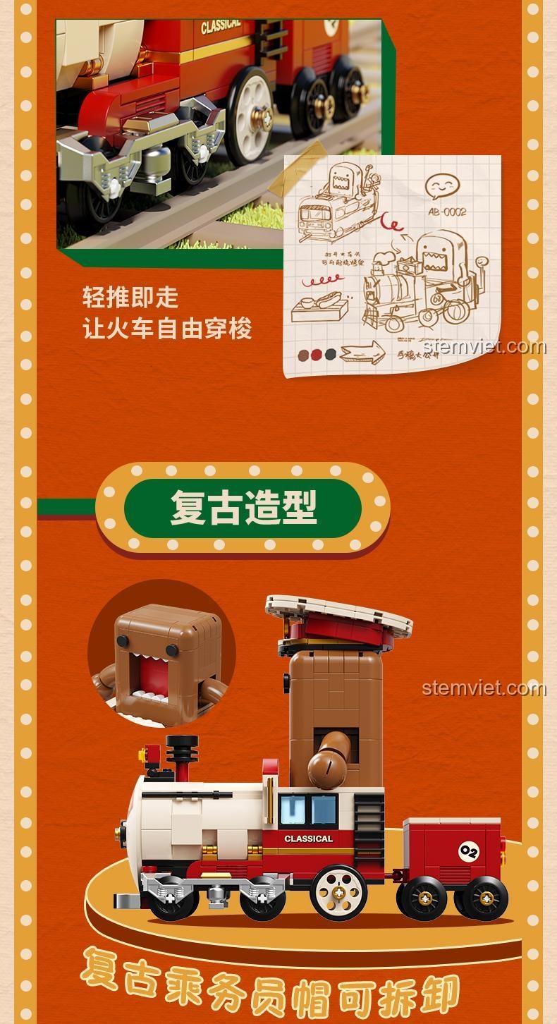 Các tính năng của mô hình Tàu Hỏa Domo-kun AB002: đẩy nhẹ để đi, mũ trưởng tàu có thể tháo rời.