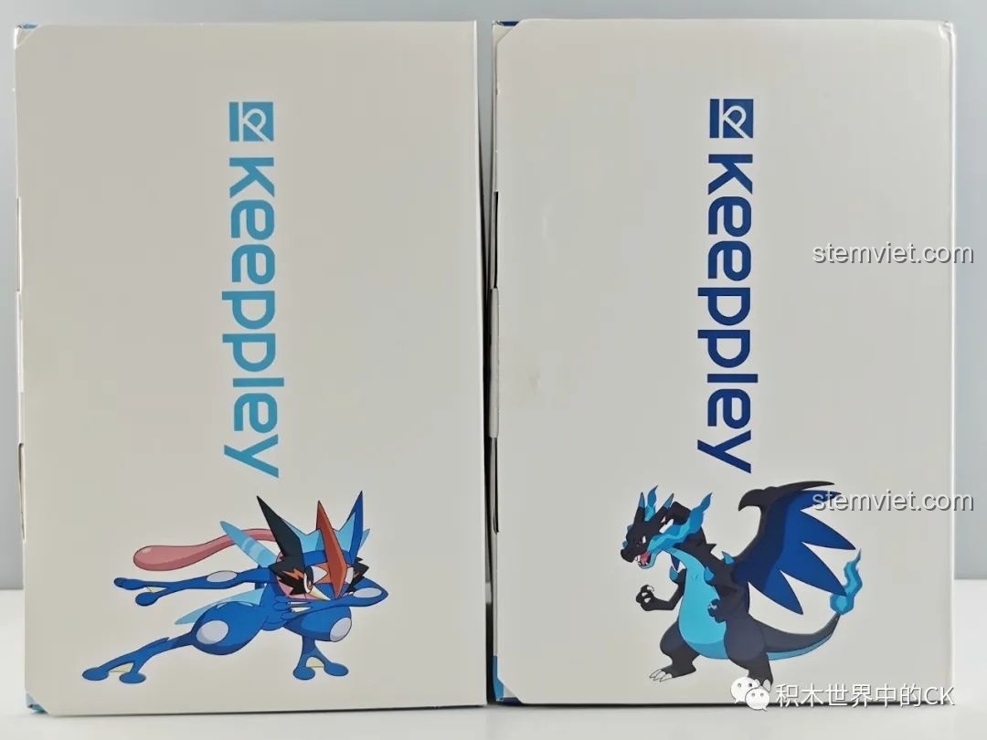 Mặt bên vỏ hộp của bộ lắp ráp Greninja của Ash và Mega Charizard X với artwork 2D chính thức từ Pokémon.