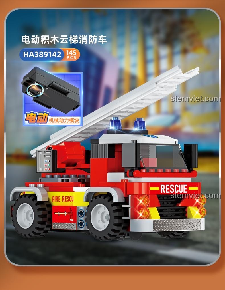 Xe Cứu Hỏa Cầu Thang Điện AULDEY HA389142 với 145 chi tiết, có mô-đun động lực điện, phù hợp bé trai 4 tuổi.