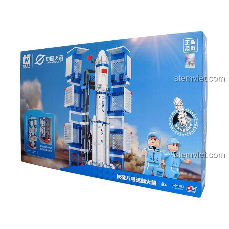 Hộp đồ chơi lắp ghép Tên lửa đẩy Trường Chinh 8 HA390083 của AULDEY, thể hiện rõ 708 chi tiết và minifigure phi hành gia, phù hợp bé trai 8 tuổi, chất lượng cao.