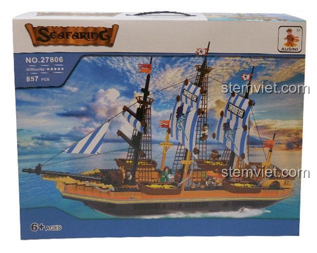 Ảnh quảng cáo chi tiết của bộ lắp ghép Thuyền Hải Tặc AUSINI, cho thấy các minifigure và thuyền nhỏ đi kèm.