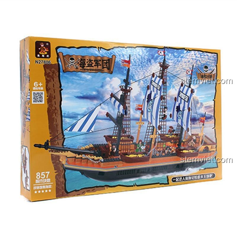 Mặt trước hộp đồ chơi lắp ráp N27806 Thuyền Buồm Cướp Biển, với logo AUSINI và thương hiệu Seafaring.