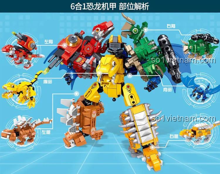 Chi tiết các bộ phận của Robot Khủng Long Hợp Thể B Brand QL0209, thể hiện khả năng kết hợp độc đáo.