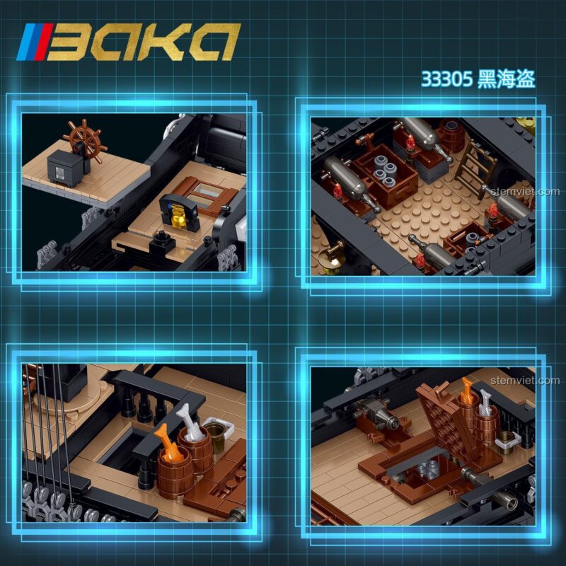 Cận cảnh chi tiết sàn tàu của đồ chơi lắp ráp Thuyền Hải Tặc Đen BAKA 33305, đồ chơi lắp ghép với các chi tiết tinh xảo, phù hợp cho bé trai 6 tuổi.