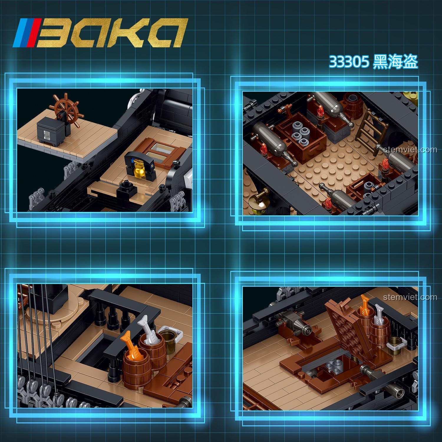 Cận cảnh chi tiết sàn tàu của đồ chơi lắp ráp Thuyền Hải Tặc Đen BAKA 33305, đồ chơi lắp ghép với các chi tiết tinh xảo, phù hợp cho bé trai 6 tuổi.