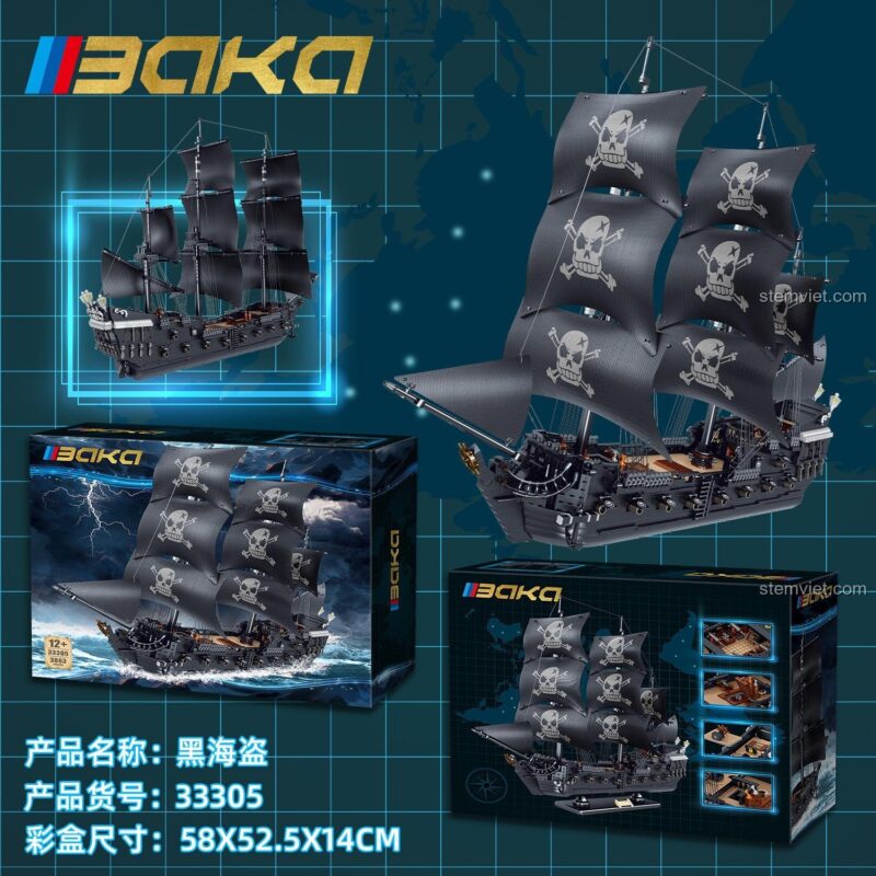 Ảnh thể hiện kích thước hộp 58x52.5x14cm và bộ xếp hình 33305 Tàu Hải Tặc Đen, bộ đồ chơi mô hình lớn với hơn 3800 mảnh ghép, giá tiết kiệm.