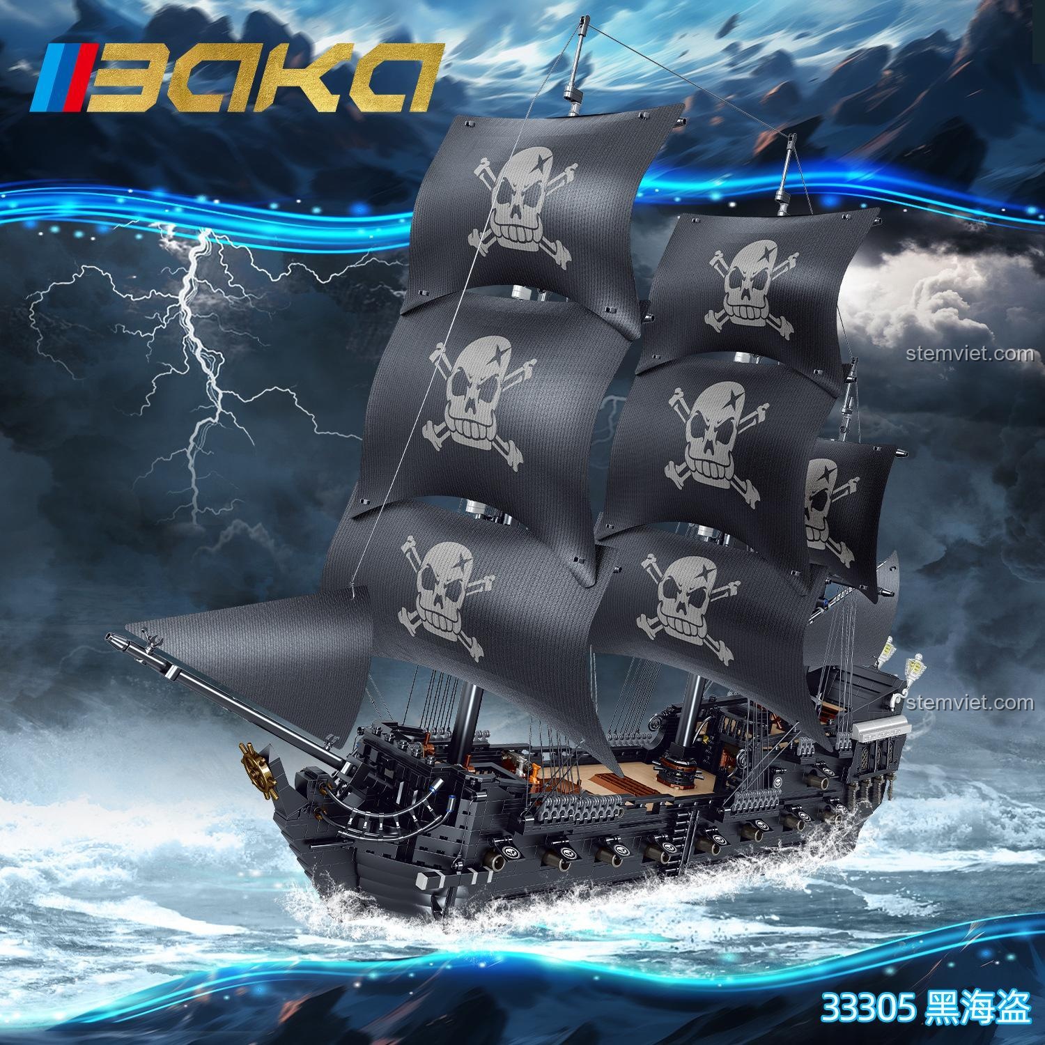 Mô hình Tàu Hải Tặc Đen BAKA 33305 với buồm đen đặc trưng, đồ chơi lắp ráp hơn 3800 chi tiết, mang đến trải nghiệm chinh phục đại dương cho bé trai 6 tuổi.
