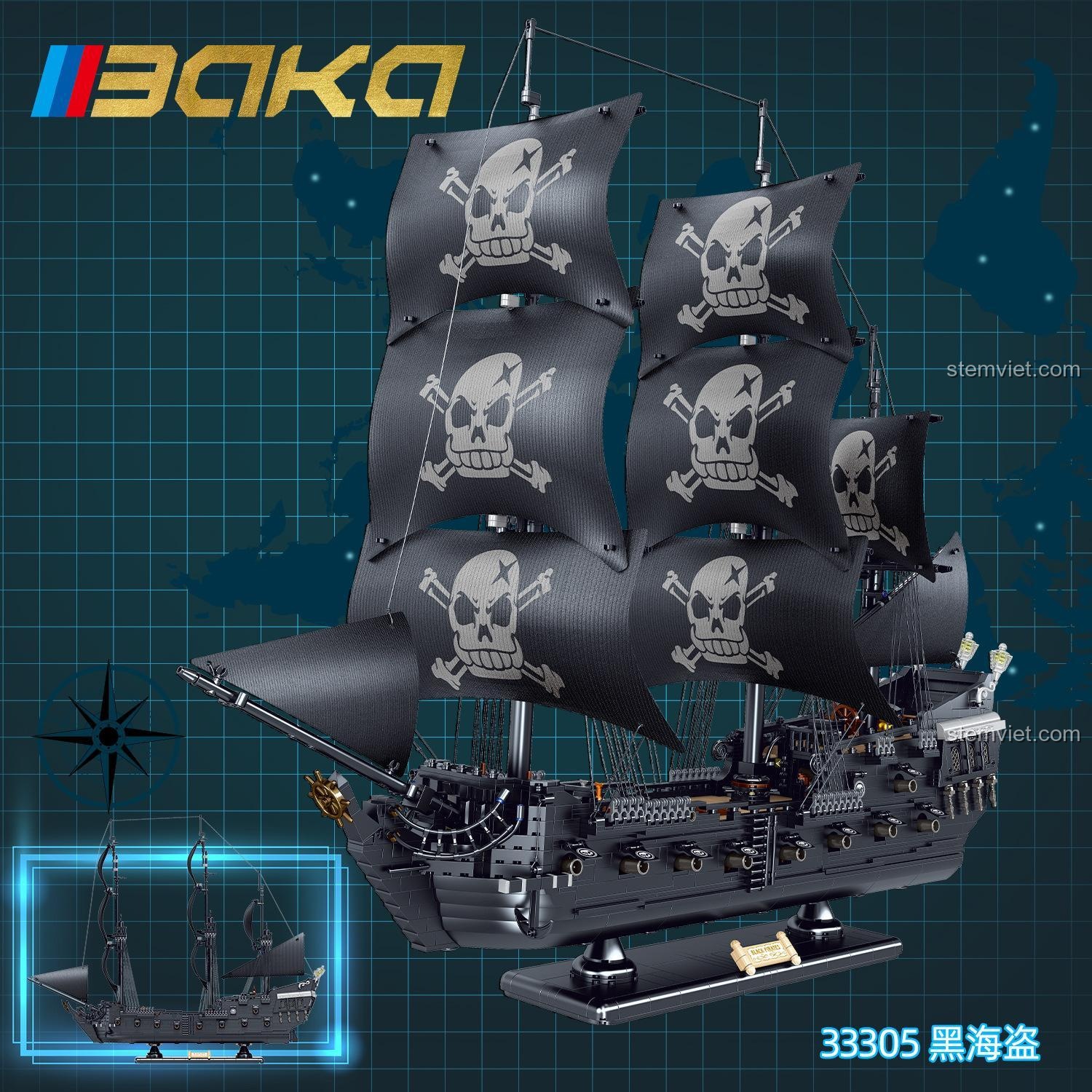 Mô hình Tàu Hải Tặc Đen BAKA 33305 đặt trên bản đồ, thể hiện kích thước ấn tượng, mô hình Tàu Hải Tặc Đen 3863 mảnh, món quà đáng tiền cho bé trai.