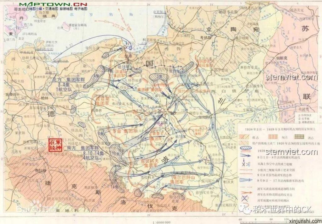 Bản đồ Chiến dịch Ba Lan năm 1939, mô tả các tuyến tấn công của quân Đức và Liên Xô, bối cảnh lịch sử của bộ minifigure quân đội Ba Lan Senbao.
