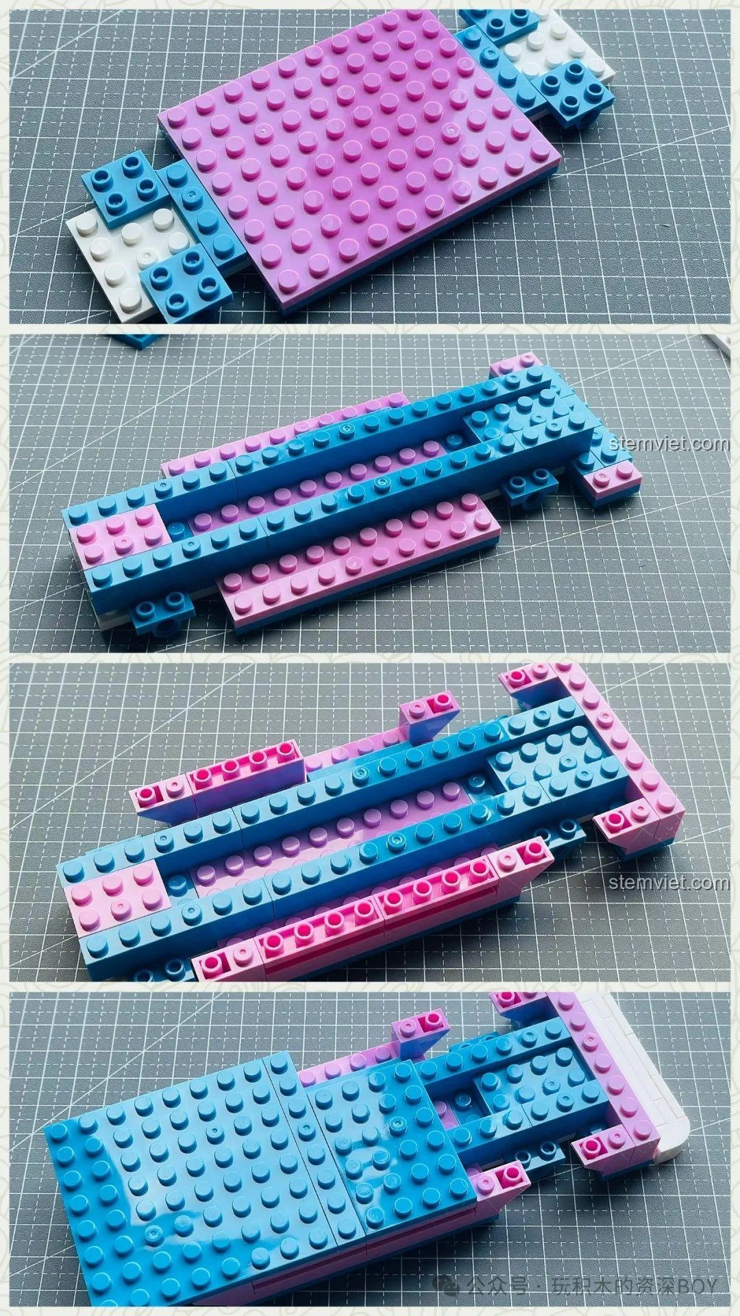 Quá trình lắp ráp phần khung xe cơ bản của bộ lắp ghép Xe Kem Đường Phố SEMBO 601300 với các mảnh ghép màu sắc.