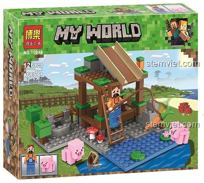 Bộ lắp ghép Trang trại heo Minecraft BELA 10948 giá rẻ cho bé trai 6 tuổi, mô phỏng thế giới game Minecraft sáng tạo.
