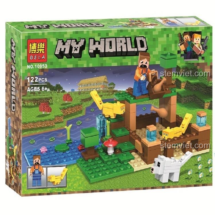 Mô hình đồ chơi xếp hình Bela 10953 Khu Rừng Taiga Minecraft với nhân vật Steve, sói và cáo, phù hợp cho bé trai 6 tuổi.