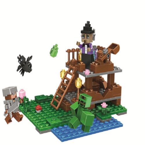 Bộ lắp ghép Túp lều phù thủy Minecraft Bela 10954 giá rẻ cho bé trai 6 tuổi, mô phỏng trận chiến với Creeper và Phù thủy.
