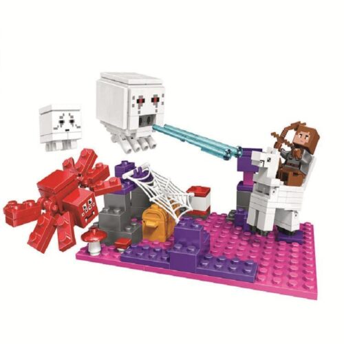 Mô hình lắp ráp Cuộc phiêu lưu trong Nether Bela 10957, mô phỏng cảnh Steve cưỡi ngựa chiến đấu với Ghast và Magma Cube trong game Minecraft. Đồ chơi cho bé trai 6 tuổi, giá rẻ.