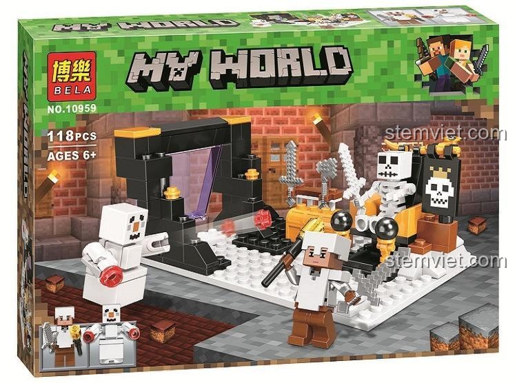 bộ lắp ghép Cổng Địa Ngục Nether Minecraft Bela 10959, đồ chơi cho bé trai 6 tuổi, giá rẻ. Mô hình gồm cổng Nether, bộ xương và người tuyết.