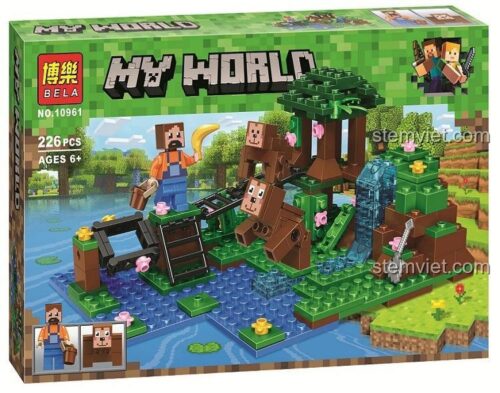 Bộ lắp ghép Lari 10961 Thế giới Minecraft cảnh nhỏ với nhân vật Steve và khỉ, phù hợp cho bé trai 6 tuổi.