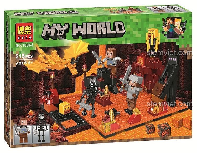 Mô hình đồ chơi xếp hình BELA 10963 chủ đề Minecraft với cảnh chiến đấu trong thế giới Nether, phù hợp cho con trai 6 tuổi, giá rẻ.