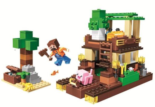 Bộ lắp ghép BELA 11136 mô hình đảo hải tặc Minecraft cho bé trai 6 tuổi, giá rẻ. Bao gồm nhân vật Steve và chú heo hồng.