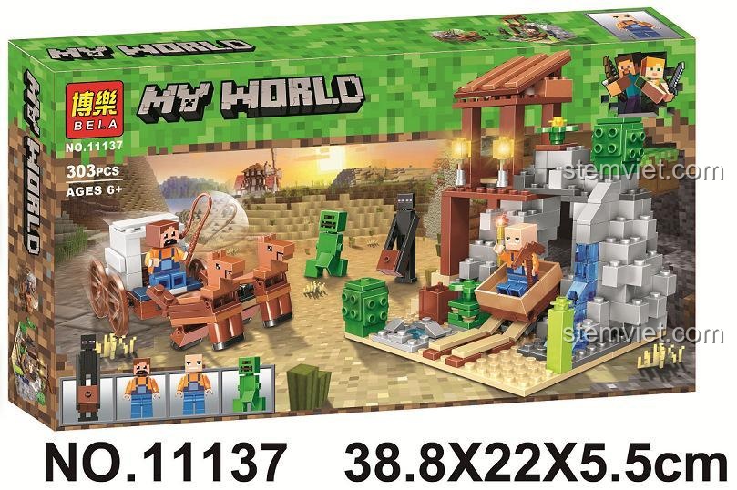 Hộp đồ chơi xếp hình Bela 11137 Thế giới khối vuông Minecraft, 303 chi tiết. Món quà tuyệt vời cho bé trai mê game.