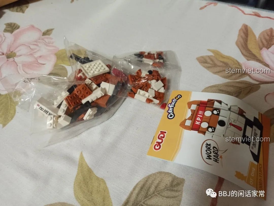 Bên trong hộp GUDI 53003 gồm hai túi mảnh ghép và sách hướng dẫn, sẵn sàng cho quá trình lắp ráp mô hình cún cưng.