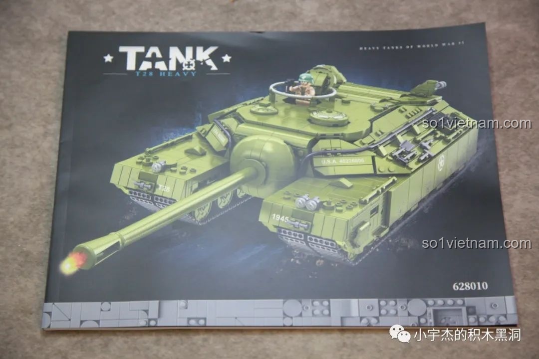 Bìa sách hướng dẫn lắp ráp Panlos Brick 628010 với hình ảnh mô hình xe tăng T28 hoàn chỉnh.
