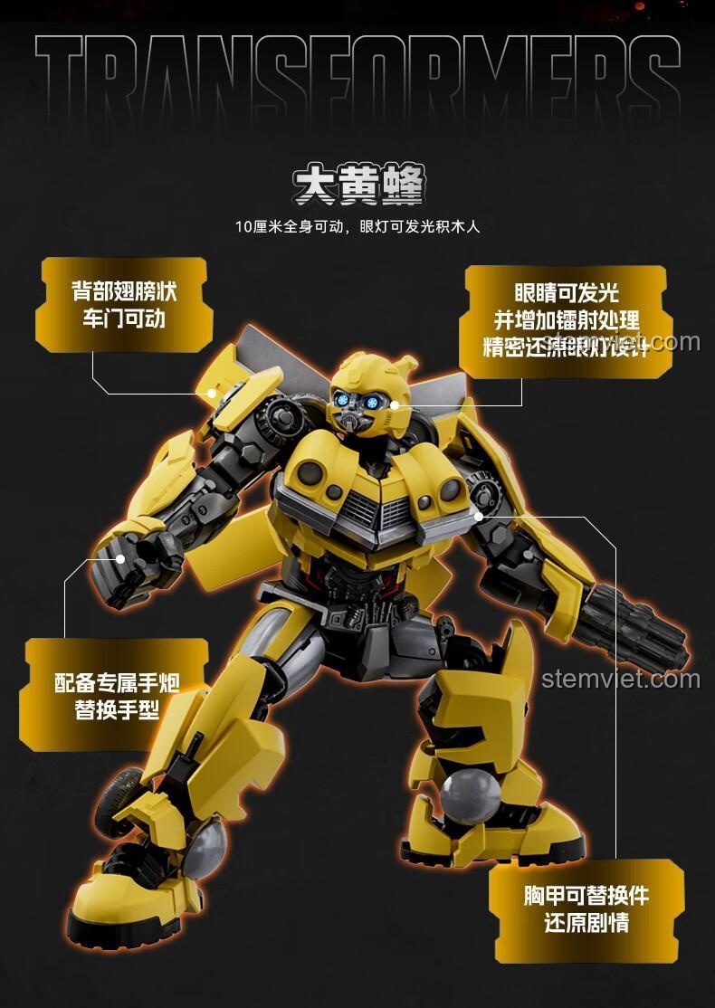 Sơ đồ chi tiết tính năng của BLOKEES 71142 Mô hình Bumblebee: cánh sau có thể cử động, mắt phát sáng, tay có thể thay thế, giáp ngực có thể thay thế.
