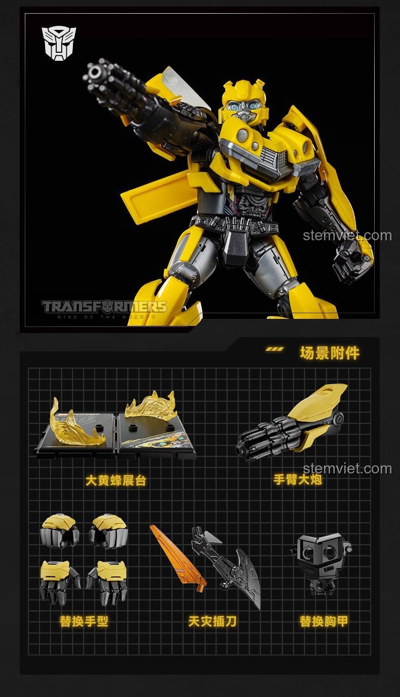 Các phụ kiện đi kèm Mô hình Bumblebee BLOKEES 71142: đế trưng bày Bumblebee, đại bác tay, tay thay thế, dao Scourge, giáp ngực thay thế.