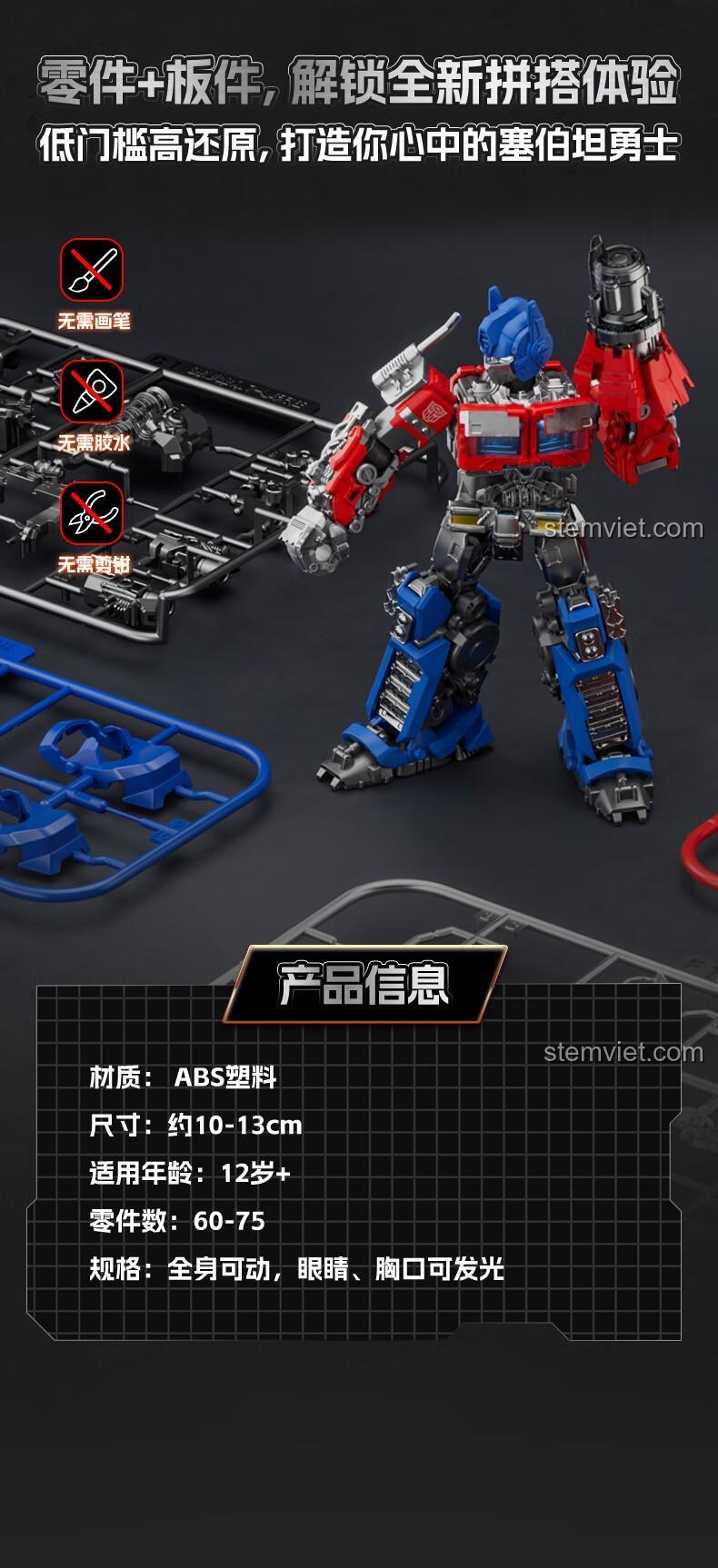 Thông tin sản phẩm chung của dòng BLOKEES Transformers, bao gồm chất liệu ABS, độ tuổi 12+, số chi tiết 60-75, tính năng cử động toàn thân, mắt và ngực phát sáng.