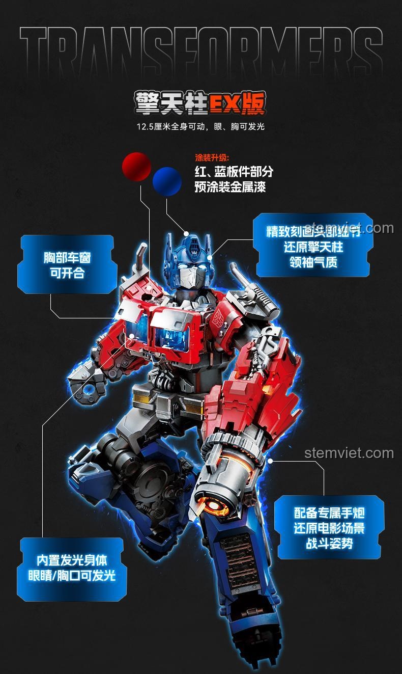 Optimus Prime EX Blokees 71147 với chiều cao 12.5cm, khớp nối toàn thân, mắt và ngực phát sáng, sơn kim loại cao cấp, súng tay độc quyền, đồ chơi mô hình cho bé trai.