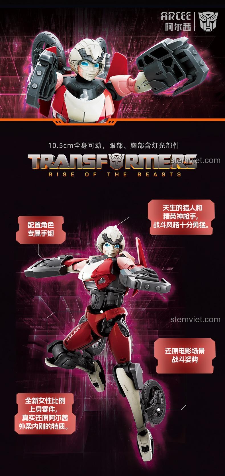 Cận cảnh Mô hình Transformers Arcee Blokees 71152 với các chi tiết nổi bật, bao gồm đèn LED ở mắt và ngực, nữ chiến binh Arcee mạnh mẽ.