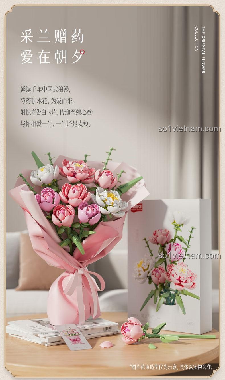 Bộ đồ chơi xếp hình Hoa Trung Quốc: Mẫu Đơn Tình Yêu 666 mảnh, màu hồng và trắng, trang trí nhà cửa cho bé gái 14 tuổi